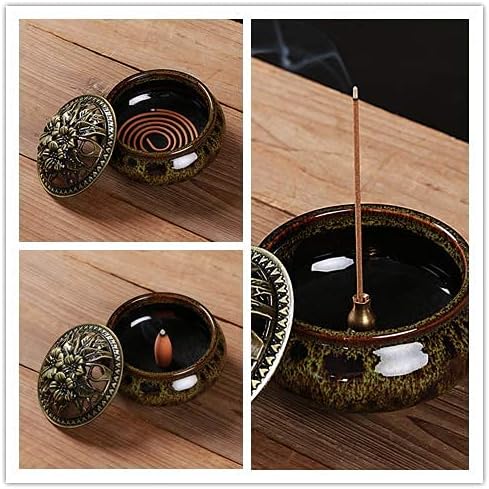 Ceramic Incense Burner with Incense Stick Holder + Insulation use for Stick or Coil Incense, Sage Cones and Frankincense (Fambe Green)