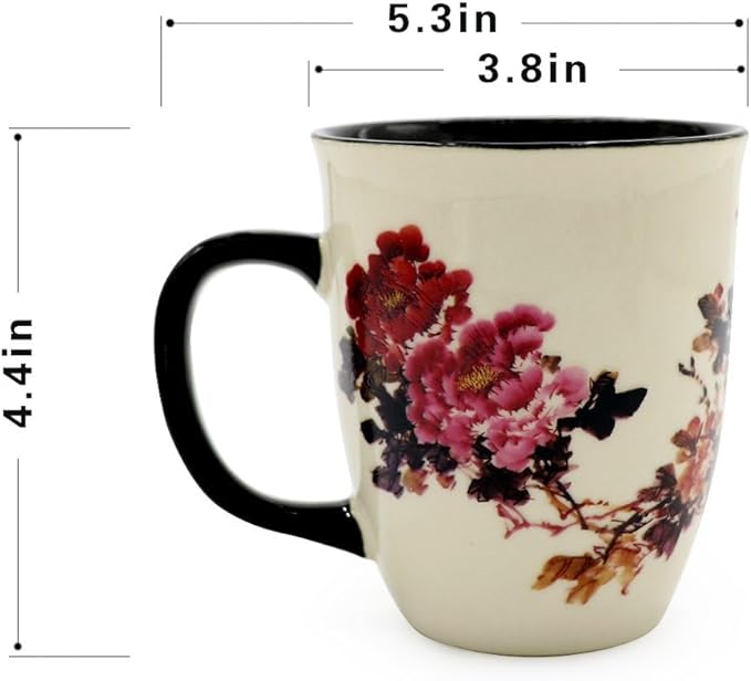 Heat Changing Magic Porcelain Coffee Mug for Mom Gifts Funny Tea Mug 16 oz Black Change into Multi Color Peony Painting