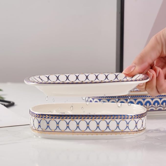 Self Draining Soap Dish, Double-Layer Bar Soap Tray, White Ceramic Soap Dish with Elegant Patterns (Style B)