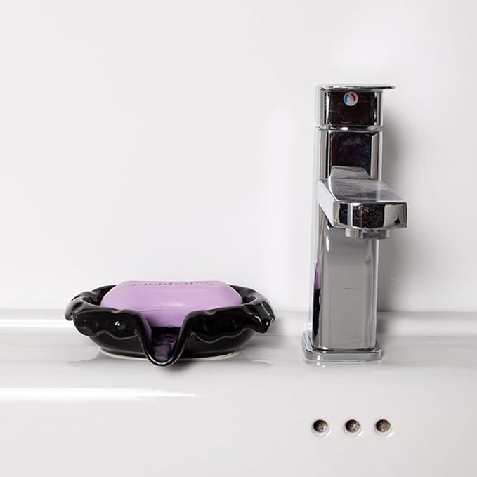 Ceramic Soap Dishes with Drain Spout, Modern Bathroom Countertop Soap Holder, Porcelain Soap Tray for Sink, Black.