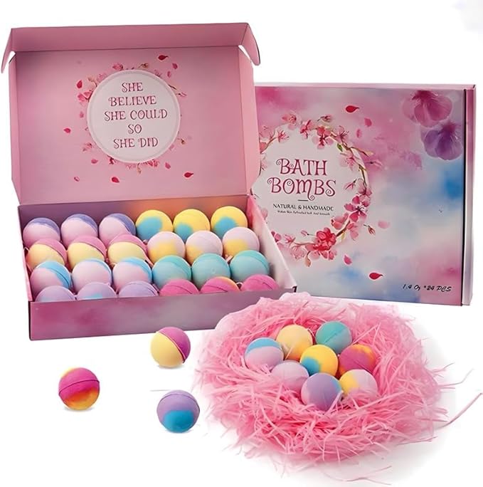 Bath Bombs for Women, 24pcs Handmade Natural Bath Bomb Gift Set Relaxing with Plant Aromatherapy and Essential Oils, Spa Vegan,Organic Gift Idea for Her,Girlfriend,Wife,Mother,Birthday,Oil Bubble Bath