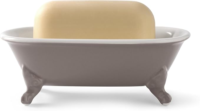 6.5" Ceramic Mini Decorative Clawfoot Bathtub Bar Soap Dish, Kitchen Sponge Holder and Shower Tray for Bathroom, 1 Pack(Taupe)