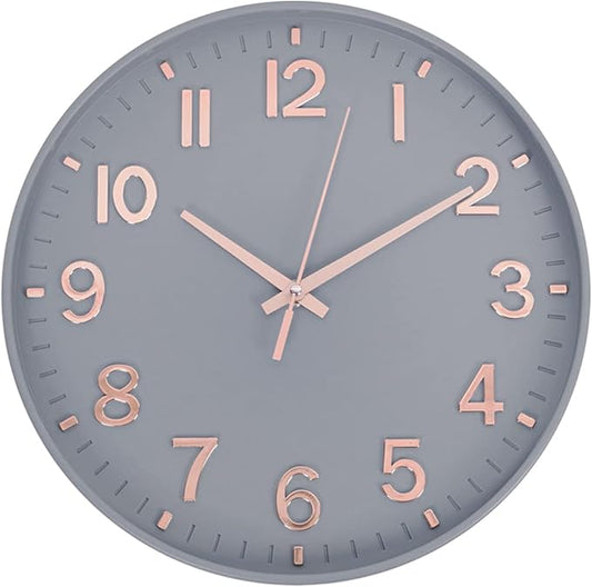 HZDHCLH Modern Wall Clocks Battery Operated,12 inch Silent Non Ticking Round Quartz Clock for Wall,3D Numbers Wall Clock for Kitchen Bedroom Living Room Office Classroom Decor (Grey-Rosegold)