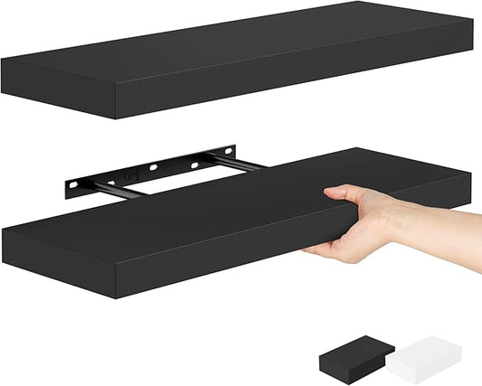 Bellsal Floating Shelves for Wall, Black Engineered Wood Wall Shelf Set of 2, 24" Wall Mounted Floating Shelf for Kitchen, Living Room, Bedroom, Bathroom Storage, Book Shelf for Home Decor
