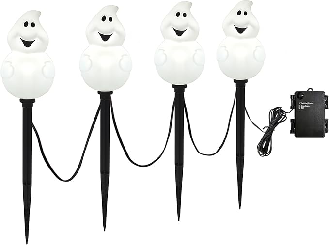 Halloween Ghost Pathway Lights Outdoor, Set of 4 Pre-lit Ghost Pathway Markers Stake Battery Operated Waterproof for Path, Yard, Lawn, Garden, Landscape Halloween Party