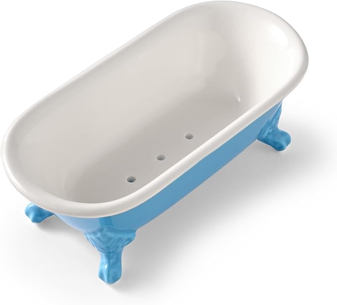 6.5" Ceramic Mini Decorative Clawfoot Bathtub Bar Soap Dish, Kitchen Sponge Holder and Shower Tray for Bathroom, 1 Pack(Pacific Blue)