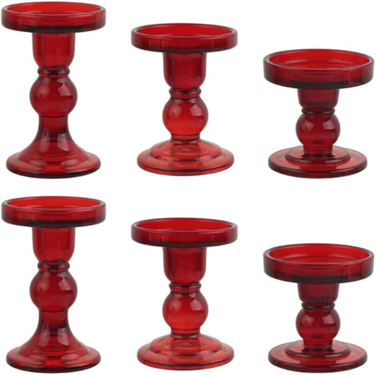 6-Piece Set of Red Glass Candlestick, Crystal Candlestick Holder Holder and Conical Candle, Christmas Candle Holder Decoration, Family Living Room Wedding Candle Holder (red2sets)