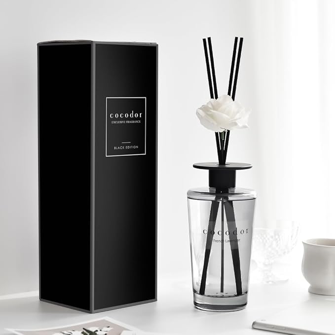 COCODOR White Flower Reed Diffuser / April Breeze / 1 Pack / Home & Office Decor Aromatherapy Diffuser Oil Gift Set / Large Size, Large Capacity, Big Size Diffuser, Black Edition/16.9Ounce(500 ml)