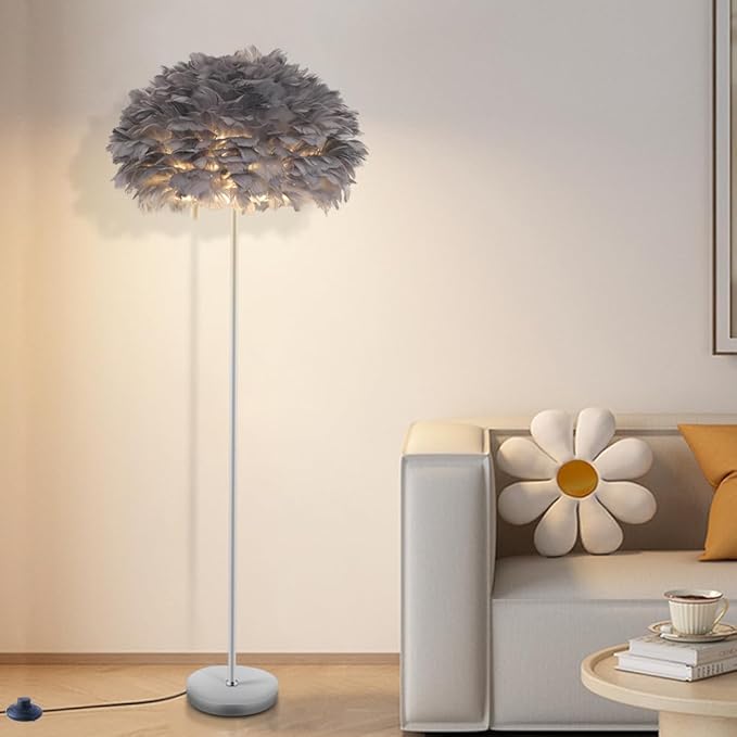 59INCH Feather Floor Lamp,Gray Goose Feather Lamp Elegant Standing Lamp for Living Room,Bedroom,Child's Room,Office,Apartment,Corner,Reading Nook,with Foot Pedal Switch