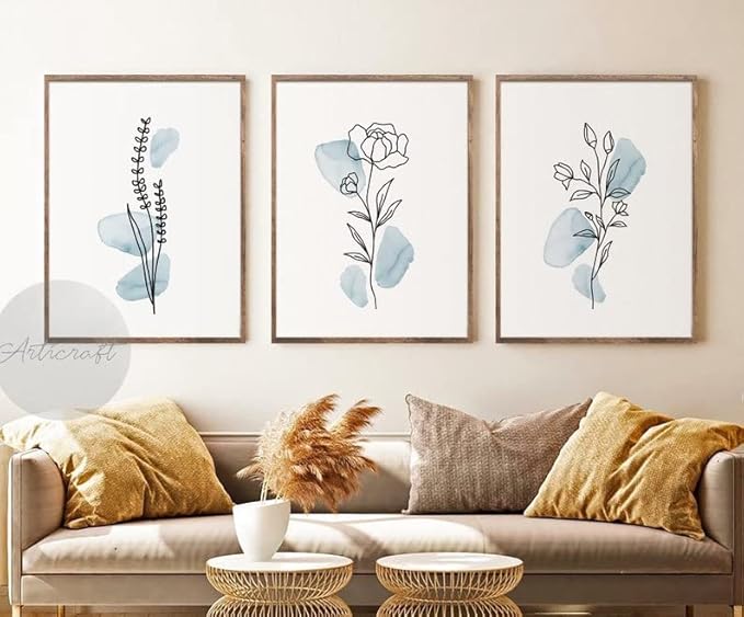 HesenDot Boho Art wall Décor,Botanical Print Set of 3, Blue Gallery Wall art,Abstract Line Watercolor Floral Home Decor,living room,bedroom