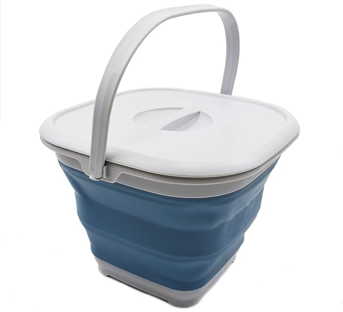 SAMMART 8.5L (2.2 gallon) Collapsible Square Handy Bucket with Lid/Foldable SquareWater Pail with Lid/Portable Tub with Handle and Lid. Size 31x31cm (Grey/Steel Blue, 1)
