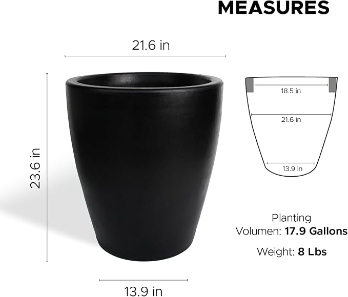 Elly Décor 23 inch Planter for Garden with Drainage, Large Round, Lightweight & Extremely Durable, Deck Indoor/Outdoor Plastic Pot, 23.6" x 21.6"x14, Black