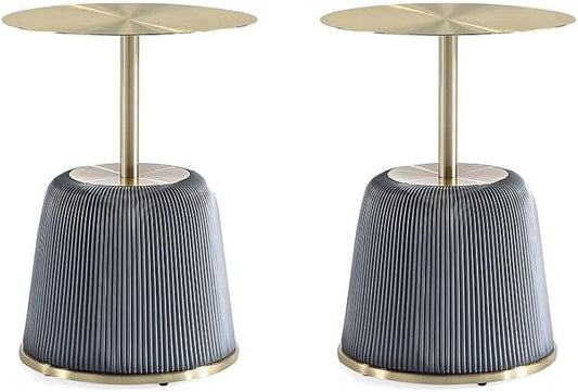 Manhattan Comfort Anderson Modern 15.75" Round End Tables 1.0 - Elegant Leatherette Upholstered Base with Pleated Design & Gold Steel Tabletop, Fully Assembled Accent Furniture, Set of 2, Grey