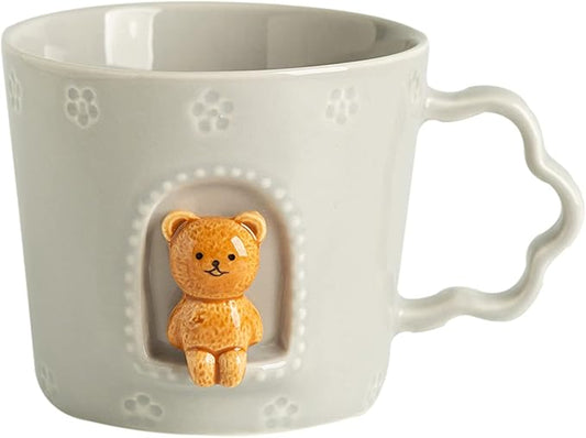 DIHOclub Bear Ceramic Cup Window Animals Mug Cute Cartoon Handmade Figurine Mugs,Holiday and Birthday Gift for Daughter,Son,Kids,9 OZ (Grey)