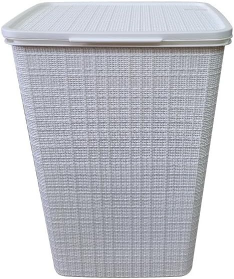 YBM Home Plastic Rattan Laundry Hamper Basket with Hinged Lid, Ventilation Holes, Durable, Lightweight Bin With Cutout Handles, Storage Dirty Clothes, Space Saver, 16.75" x 13.5" x 23.75", White