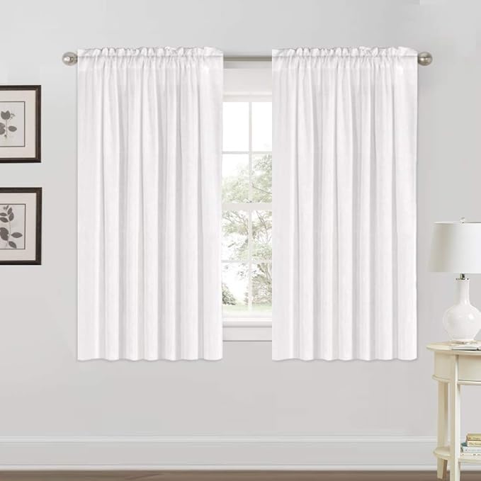 PrinceDeco Linen Curtains 63 inch Length Rod Pocket Window Drapes for Bedroom Thick Linen Burlap Vertical Drapes Burlap Look Farmhouse Country Decor(Off White, 52" W x 63" L)