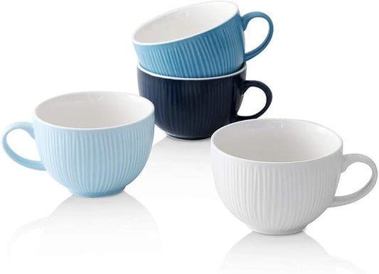 KOOV Jumbo Soup Mug, Soup Bowls with Handles Microwave Safe, Ceramic Soup Mugs with Handles, Jumbo Mug Set of 4, 24 Ounce, Blue Set