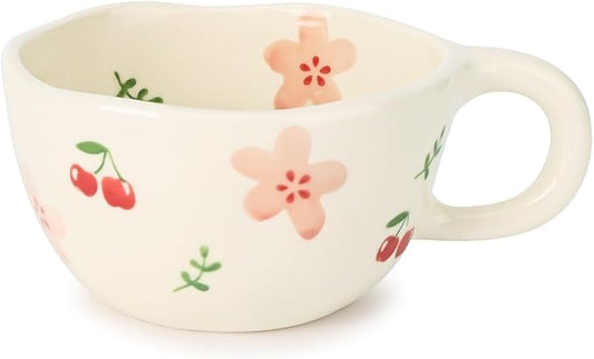 Koythin Ceramic Coffee Mug, Handmade Hot Chocolate Mugs, Cute Cup for Girl Women, Aesthetic Tea Milk Cup with Handle, 8.5 oz/250 ml for Latte, Cocoa, Office, Home (Pink Cherry Flowers)
