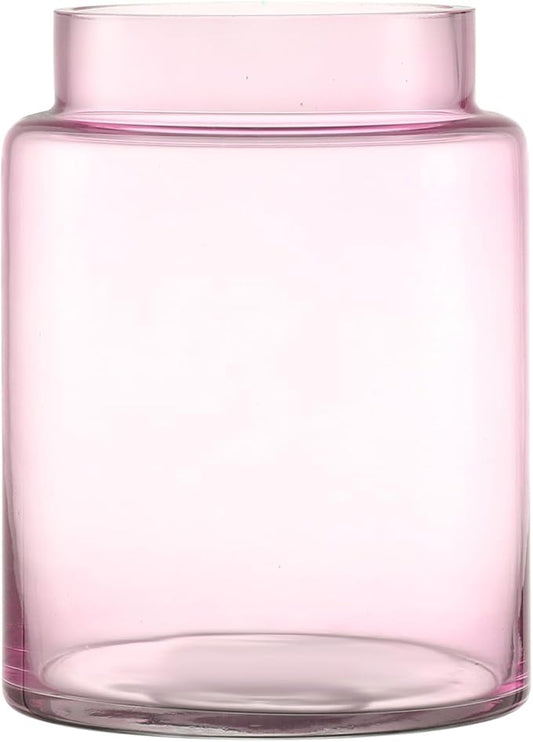 Large Glass Vase, 7 Inch Pink Glass Vase, Large Flower Vases for Bouquet, Wide Mouth Vases for Flowers, Home, Wedding, Living Room, Office Decor