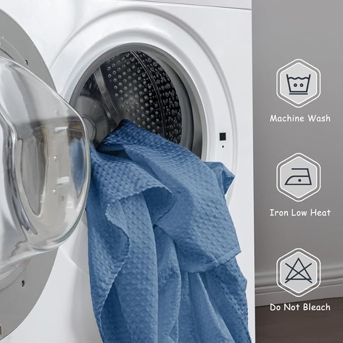 MIYE Pleated Waffle Weave Bed Skirt, Tailored Dust Ruffle 12 Inch Drop Easy Fit, Machine Washable (Blue, Queen - 12" Drop)