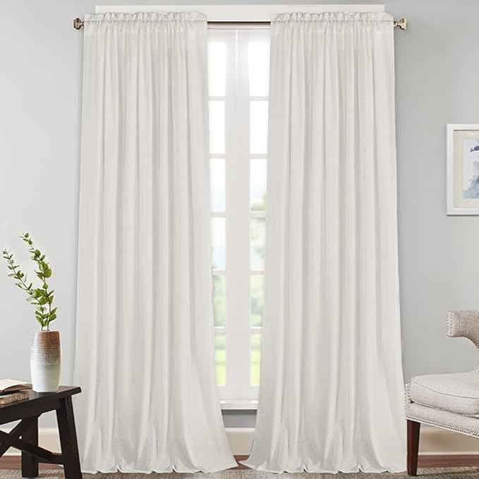 PrinceDeco White Linen Curtains 108 Inch Length 2 Panels Set, Rod Pocket Curtains for Living Room, Light Filtering Curtains for Bedroom/Living Room Energy Saving Vertical Drapes