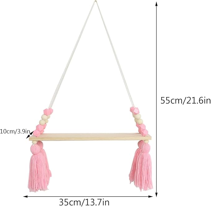 Rope Hanging Floating Shelves Wood Beads Wall Shelf Boho Storage Rack Decorative Display Ledge Shelf for Living Room Room Bedroom Bathroom Kitchen Pink