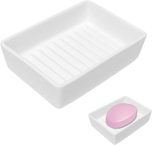 Ceramic Soap Dish - Simple Shower Soap Holder with Drain Ridge Non-Slip Soap Holder for Bathroom, Kitchen, Sink