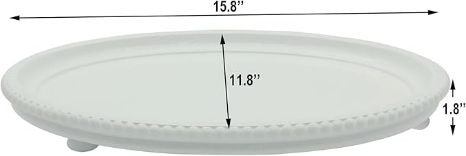 Oval Wood Decorative Tray, Small Beaded Tray for Dresser Coffee Table Kitchen Corner Dinning Table, Modern Round Wooden Tray for Centerpiece (White, 15.8''X11.8'')