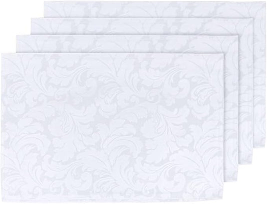 ColorBird Scroll Damask Jacquard Placemats Set of 4, Heat Resistant Washable White Placemats for Dining Table, Microfiber Fabric Table Mats, 13 x 19 Inch