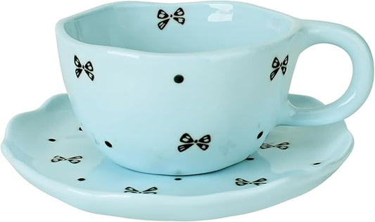 Koythin Ceramic Coffee Mug with Saucers, Handmade Flowers Mugs, Cute Cup for Girl Women, Aesthetic Tea Milk Cup with Handle, 8.5 oz/250 ml for Latte, Cocoa, Office, Home (Blue Small Bow)