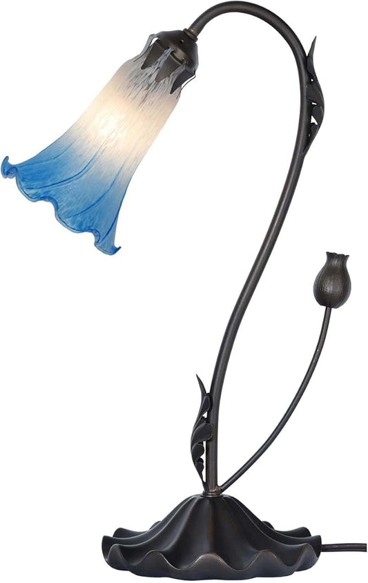 Bieye L10852 Lily Flower Blown Glass Accent Table Lamp for Living Room Bedroom Decoration (1-Light, Blue)