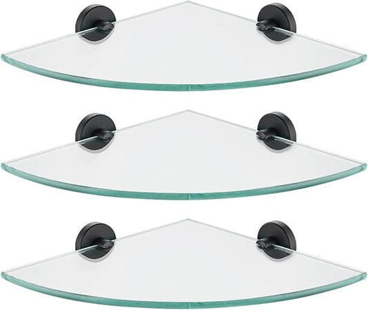 JQK Corner Glass Shelf Black, Bathroom 304 Stainless Steel Shower Triangle Floating Wall Shelf, 10 x 10 Tempered Glass, 3 Pack, TGS190L10-PB-P3
