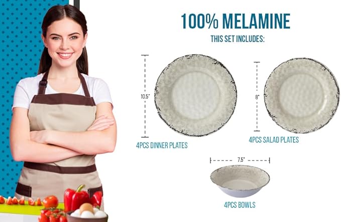 Melamine Dinnerware Sets, Service for 4. Unbreakable Dishes. Scratch Resistant Melamine Ware. Plates and Bowls. Dishwasher Safe Platos De Melamina Baroque Design. Beautifully Packaged Gift Box