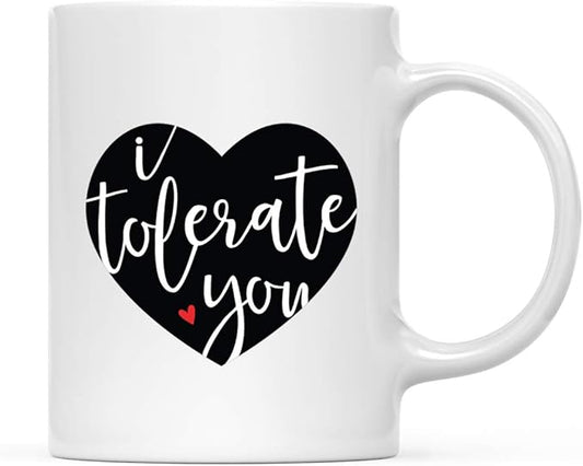 Andaz Press Valentine’s Day Funny 11oz. His Her Couples Coffee Mug Gift, I Tolerate You, Heart Graphic, 1-Pack, Gift Box