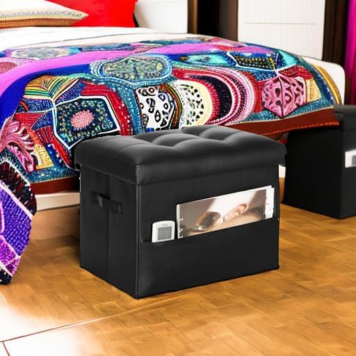 Storage Ottoman Foot Rest Stool with Thicker Foam Padded Seat. Foldable Leather Footstool Bench. Small Ottoman with Storage for Living Room Bedroom Coffee Table 350 lbs, 17x13x13in, Black