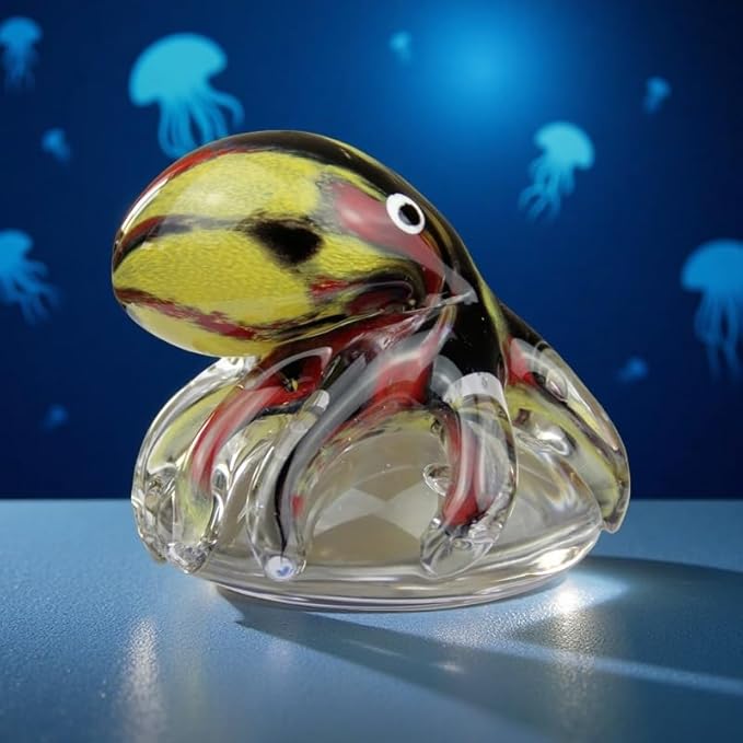 Hand Blown Glass Octopus Figurine with Iridescent Tentacles & Polished Crystal Base, Sea Life Figurines for Decorating Fish Tank Aquariums, Glass Paperweight (Black)