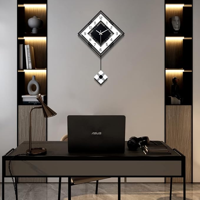 Modern Wall Clock for Living Room Decor Pendulum Large Silent Big Kitchen Wall Clock for Bedroom Black and White Decorative Office Non Ticking Battery Operated Wall Watch 26 Inch