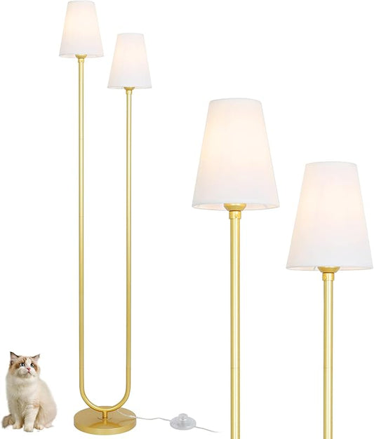 HMVPL Gold Floor Lamps for Living Room, Brass Corner Floor Lamp with Fabric Lampshade, Mid Century Standing Lamp with On/Off Foot Switch, Modern Tall Lamp for Living Room Bedroom Nursery Office(66")