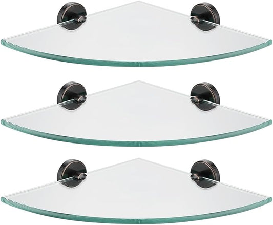JQK Corner Glass Shelf, Oil Rubbed Bronze Bathroom 304 Stainless Steel Shower Triangle Floating Wall Shelf, 10 x 10 Tempered Glass, 3 Pack, TGS190L10-ORB-P3