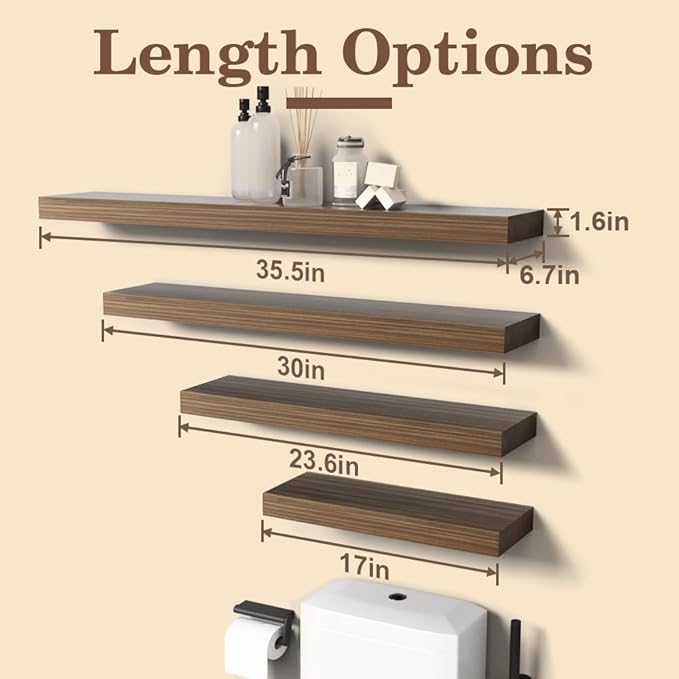 Floating Shelves for Wall, Natural Wood Shelf, Rustic Home Decor for Bathroom Kitchen Bedroom, 30 inch Hanging Mounted Invisible Bracket, Walnut Set of 2