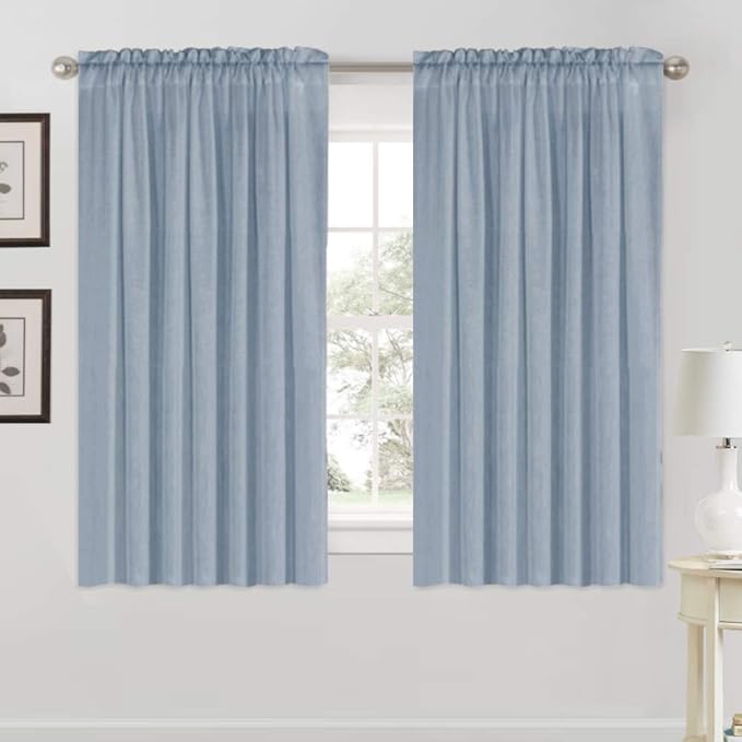 PrinceDeco Linen Curtains Rod Pocket Thick Linen Burlap Curtains for Bedroom/Children's Room Light Filtering Window Drapes Burlap Look Farmhouse Country Decor, W52 x L63, 2 Panels，Stone Blue