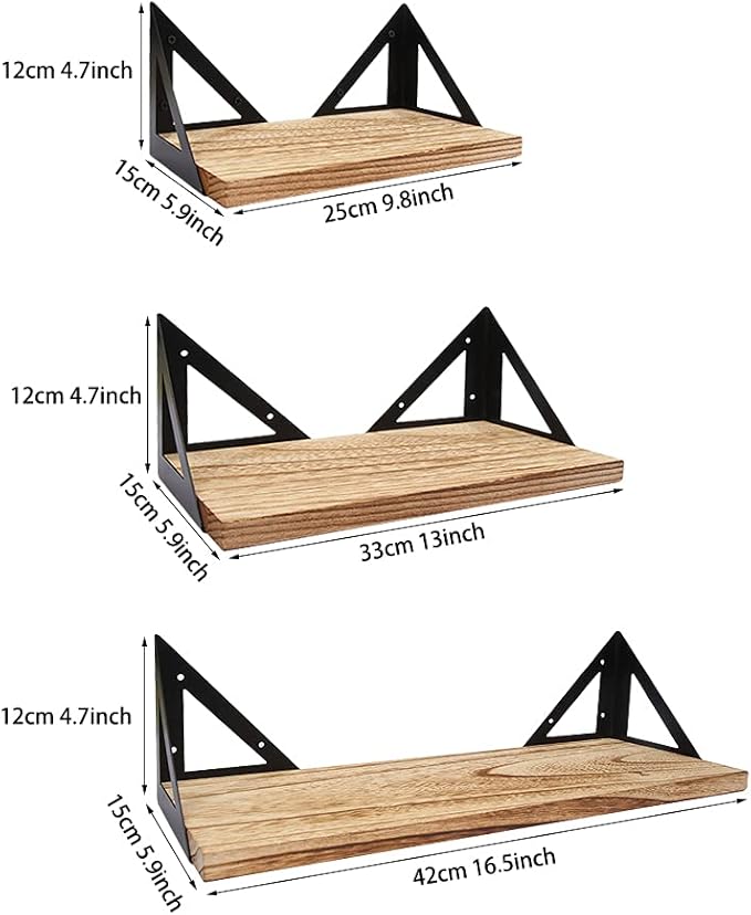Rustic Wood Wall Shelves Set of 3,Floating Shelves Wall Mounted with Metal Bracket, Wall Mounted Farmhouse Shelves for Living Room, Kitchen, Bedroom and Bathroom