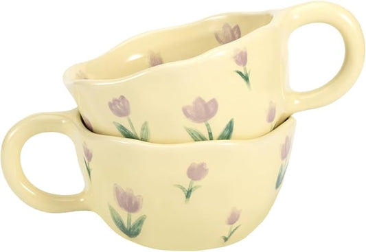 Koythin 2-Pieces Ceramic Coffee Mugs, Creative Cute Flower Cup for Office and Home, 8.5 oz/250 ml Aesthetic Mug for Latte Tea Milk (2 Purple Tulip)