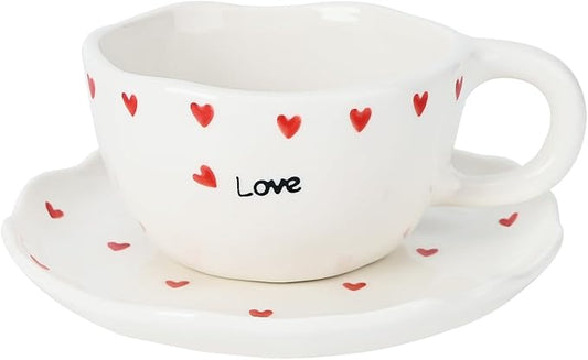 Koythin Ceramic Coffee Mug with Saucers, Handmade Flowers Mugs, Cute Cup for Girl Women, Aesthetic Tea Milk Cup with Handle, 8.5 oz/250 ml for Latte, Cocoa, Office, Home (Little Heart Love)