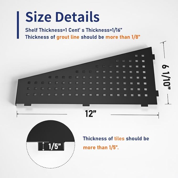 Corner Shower Shelf, Matte Black 12" Trapezoid Floating Shampoo Shelf, 304 Stainless Steel Grid Design Recessed Bathroom Shelf for Tiled Wall, No Drilling