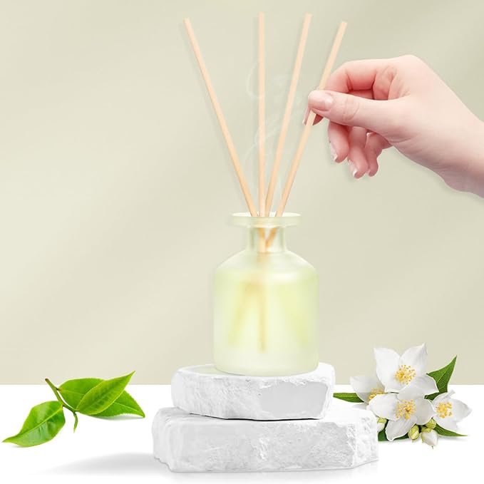 Reed Diffuser - Jasmine Green Tea 3.38oz (100ml) 2 Packs Essential Oil Reed Diffuser Set with 16 Sticks, Long Lasting Fragrance for Home, Bathroom, Bedroom, Room, Decor