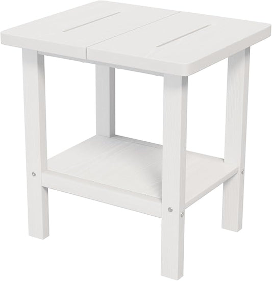 2-Tier Adirondack Square Outdoor Side Table, Pool Composite Patio Table, Weather Resistant End Table for Patio, Backyard, Pool, Easy Maintenance - White