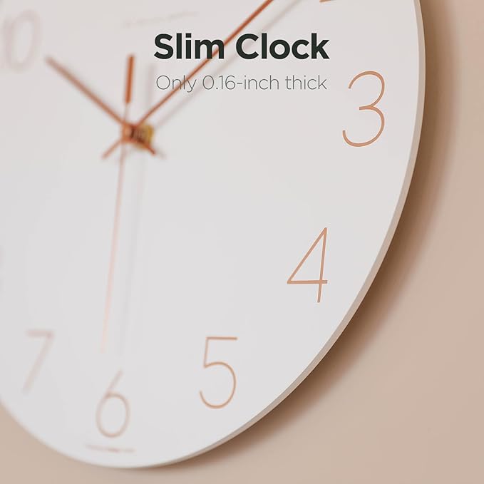 mooas Flatwood Wall Clock (Rose Gold),12" Non-Ticking Sweep Movement Decorative Battery Operated Wall Clock for Home Living Room Kitchen Bedroom Office School