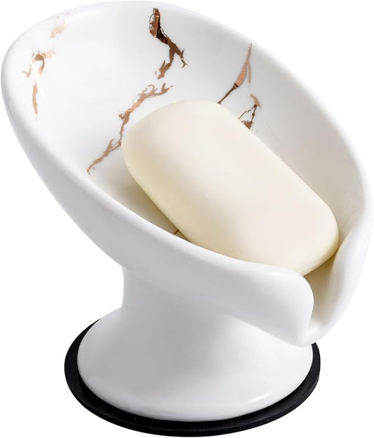 Soap Dish, Soap Holder Self Draining Leaf Shape Soap Dishes，White Ceramic Draining Soap Tray for Shower, Bathroom Sink, Kitchen (Large Size-Marble White, 1)
