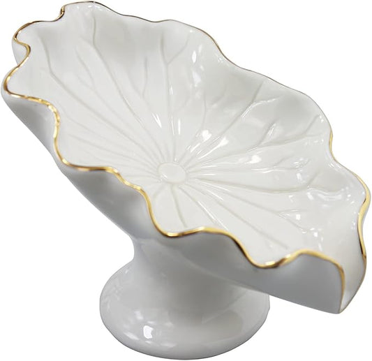 Soap Dish Ceramic White Lotus Leaf Shape Soap Holder Self Draining Soap Dish Waterfall Slot Sponge Holder Bathroom Accessories for Bathroom, Kitchen,Bar Counter.